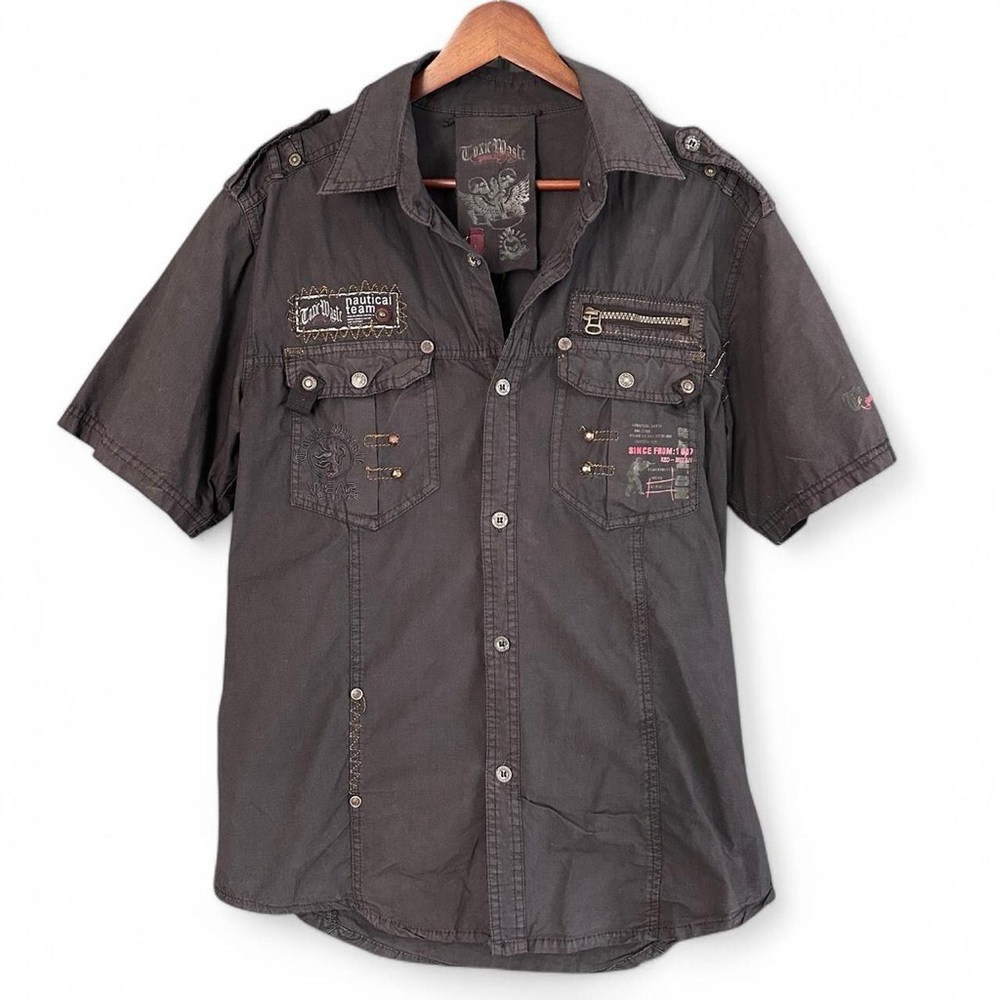 y2k style Toxic Waste Los Angeles brown button up shirt
